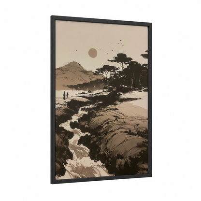 Coastal Driftwood framed various landscapes print — black wood frame — beige and black and white palette
