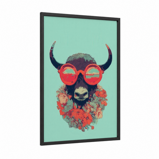 Groovy Yak framed art print — black wood frame — turquoise and red palette