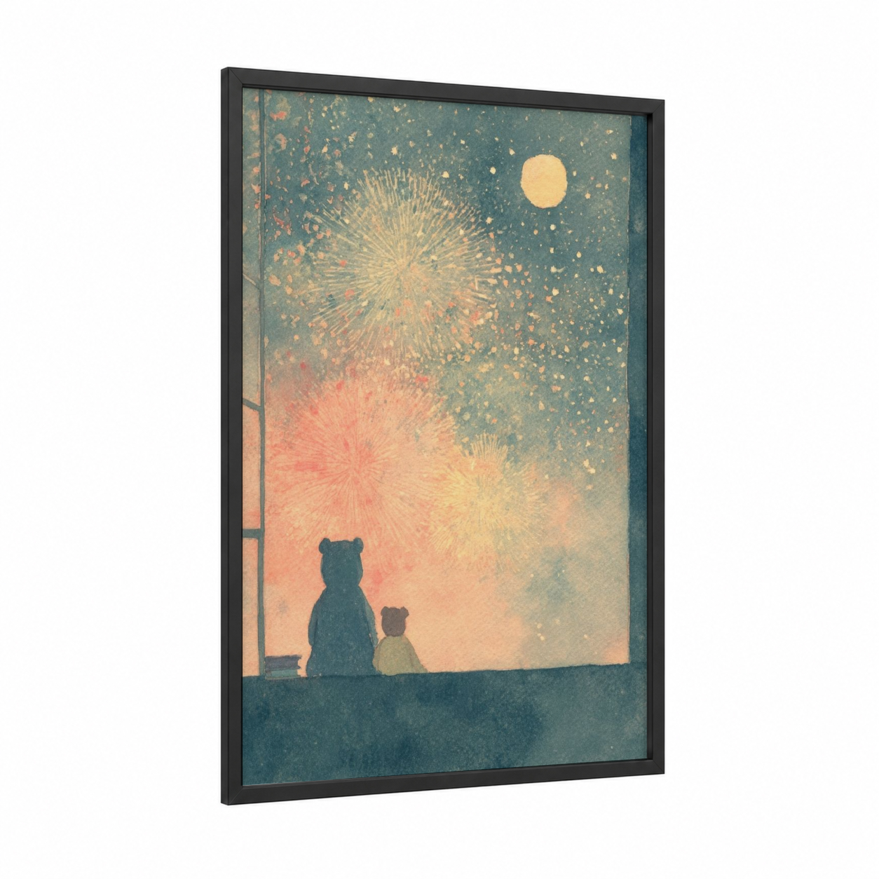 Festive Night Sky framed new years eve print — black wood frame — gold and teal palette