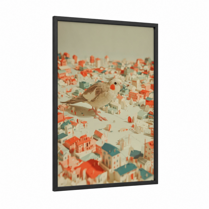 Urban Cockatiel framed art print — black wood frame — cream and pumpkin palette