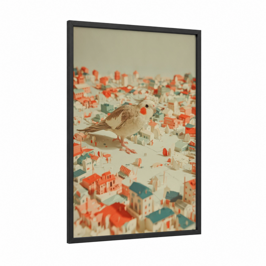 Urban Cockatiel framed art print — black wood frame — cream and pumpkin palette