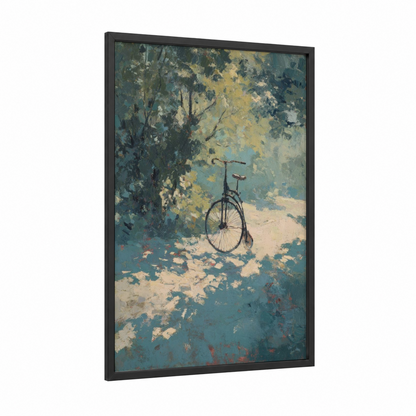 Shaded Unicycle framed art print — black wood frame — gold and teal palette