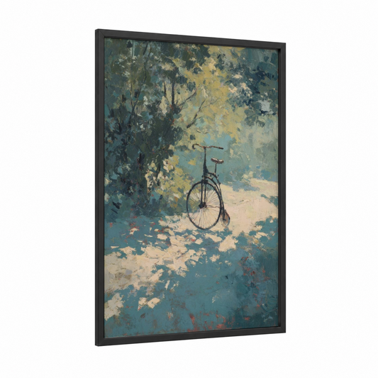 Shaded Unicycle framed art print — black wood frame — gold and teal palette
