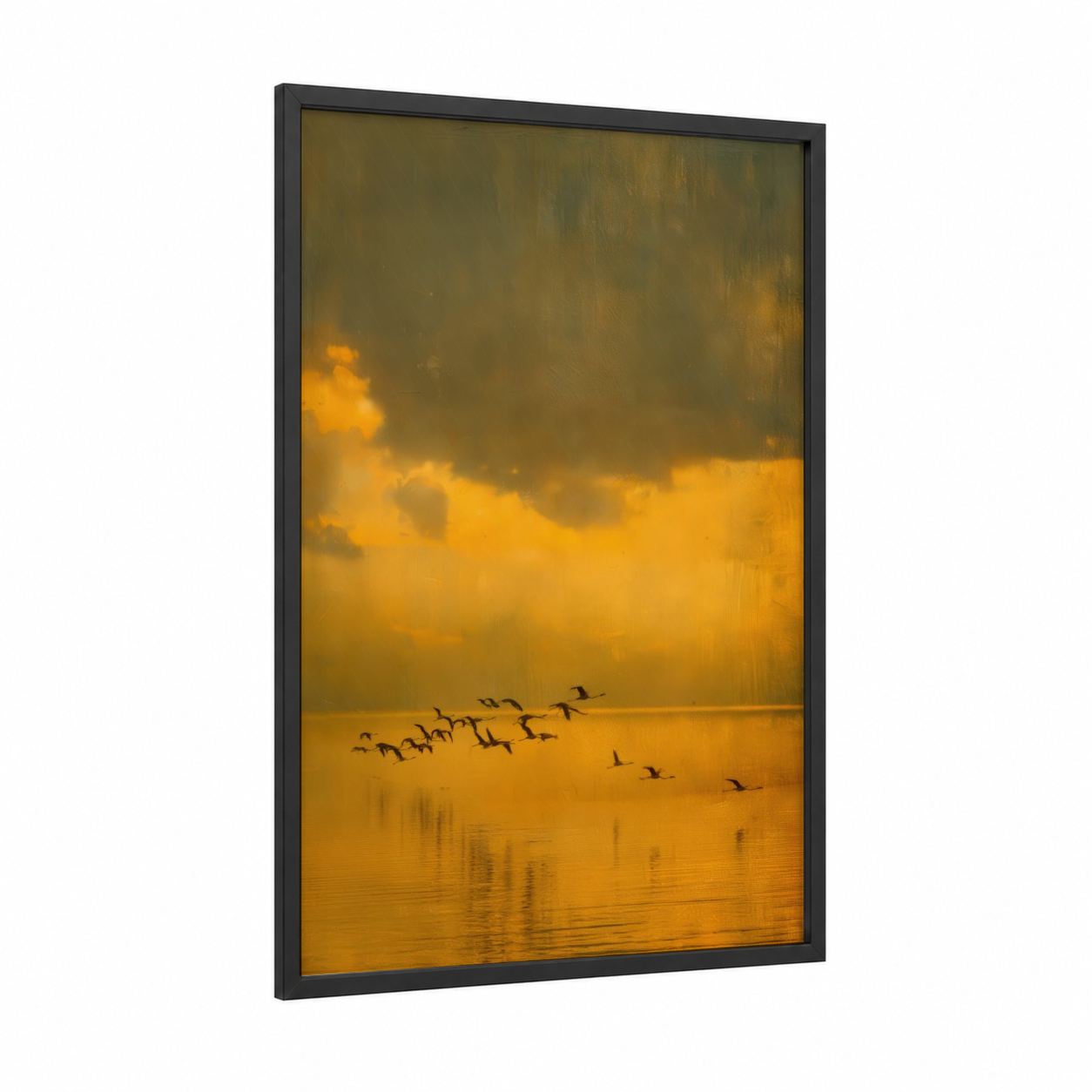 Golden Flamingo Dawn framed art print — black wood frame — gold and gray palette