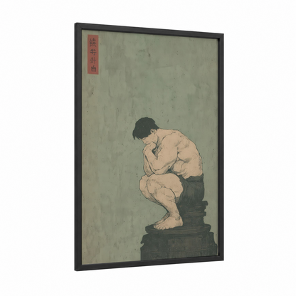 Contemplative Strength framed bodybuilding print — black wood frame — sage green and cream palette