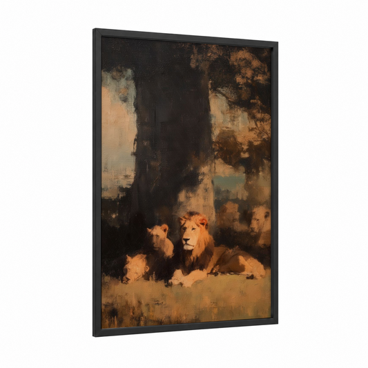 Majestic Lion Family framed art print — black wood frame — gold and black and gold palette