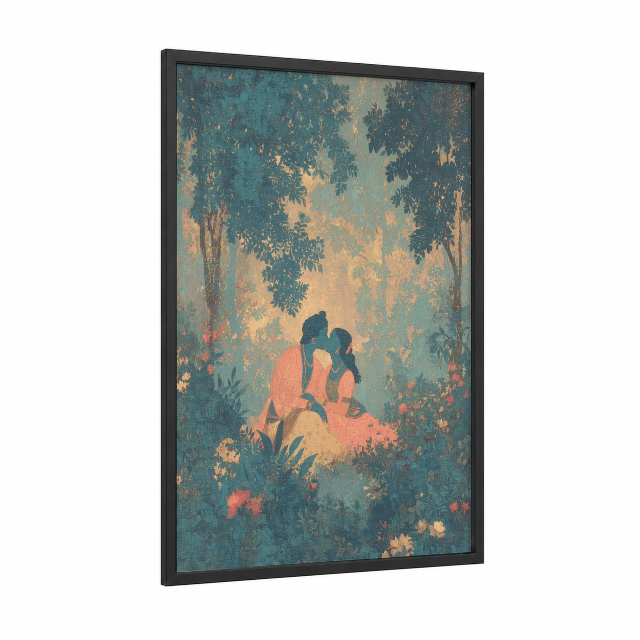 Divine Embrace framed hinduism print — black wood frame — teal and gold palette