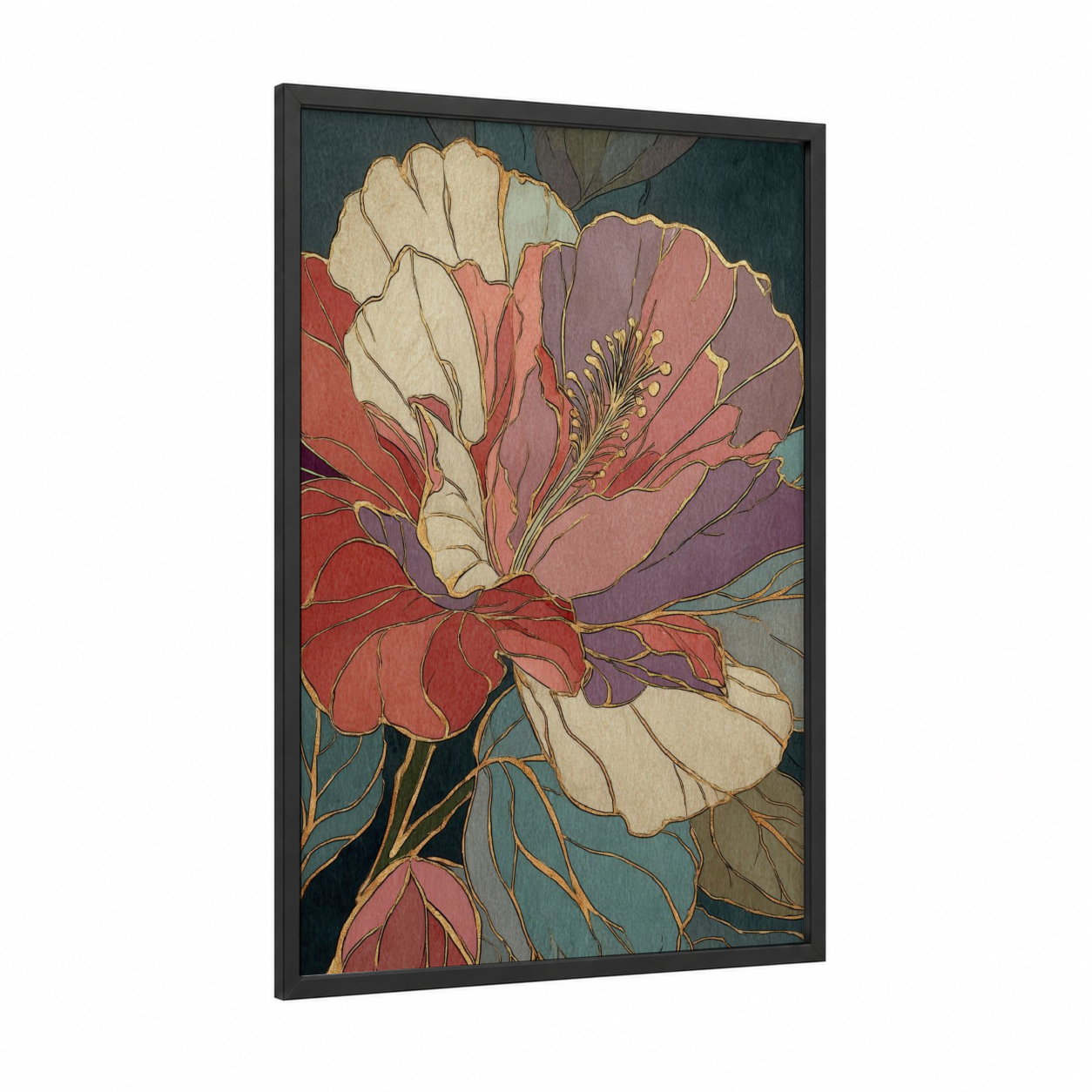 Jeweled Hibiscus framed art print — black wood frame — rose gold and dark blue palette
