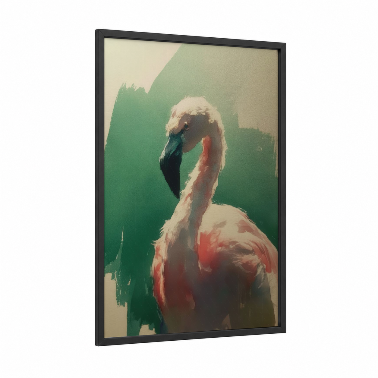 Emerald Flamingo framed art print — black wood frame — light green and salmon pink palette