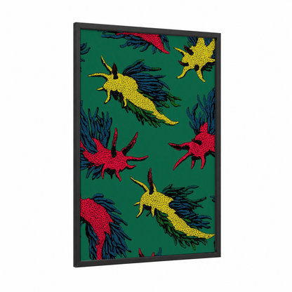 Vibrant Nudibranch Pattern framed art print — black wood frame — true green and gold palette