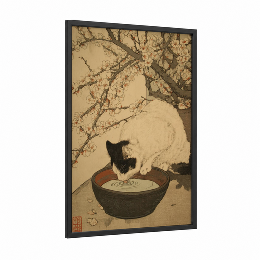 Cat with Milk Bowl framed art print — black wood frame — cream and russet palette
