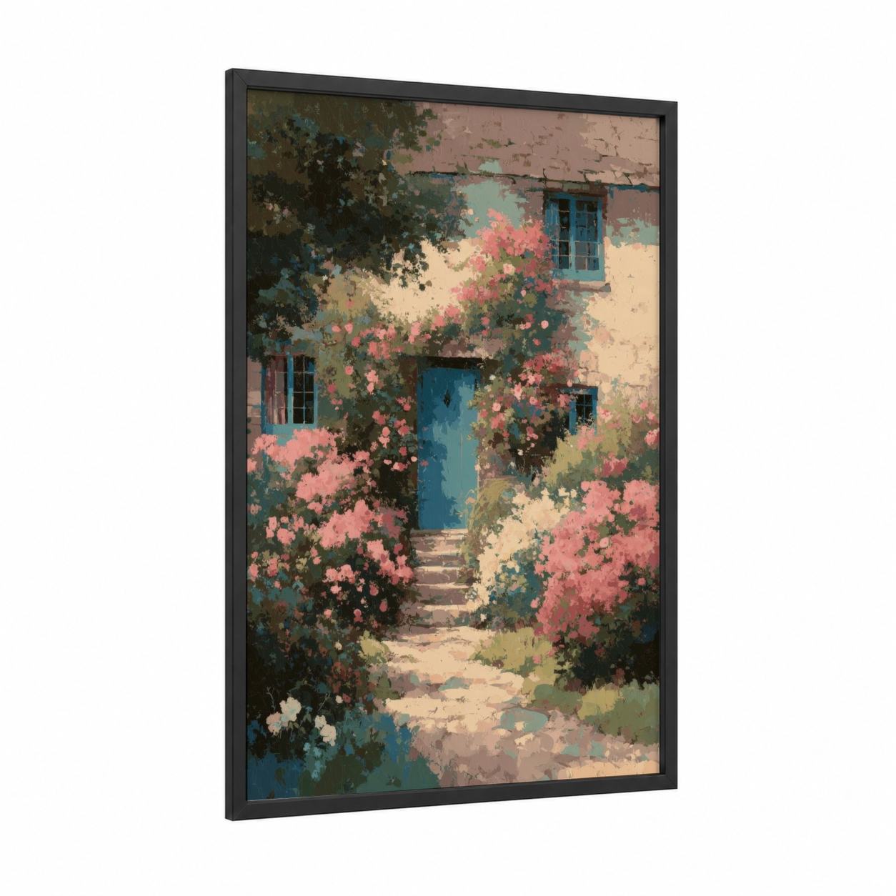 Cottage Garden Retreat framed house print — black wood frame — salmon pink and cream palette