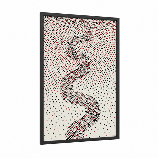 Crimson Gradient Dots framed abstract classic print — black wood frame — black and red and cream palette
