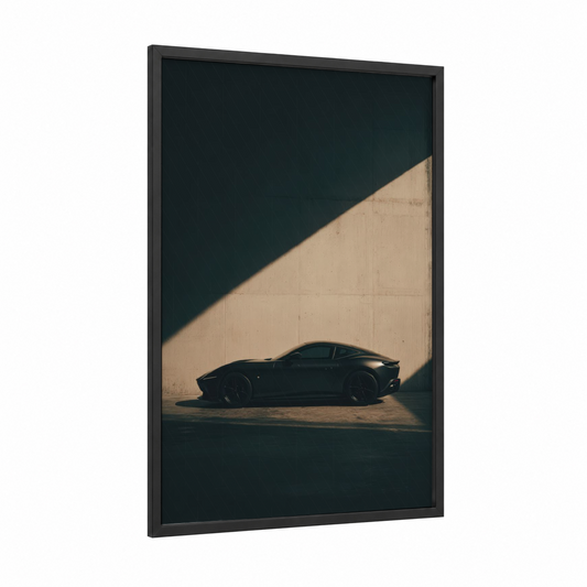 Midnight Coupe framed classic car print — black wood frame — black and beige palette