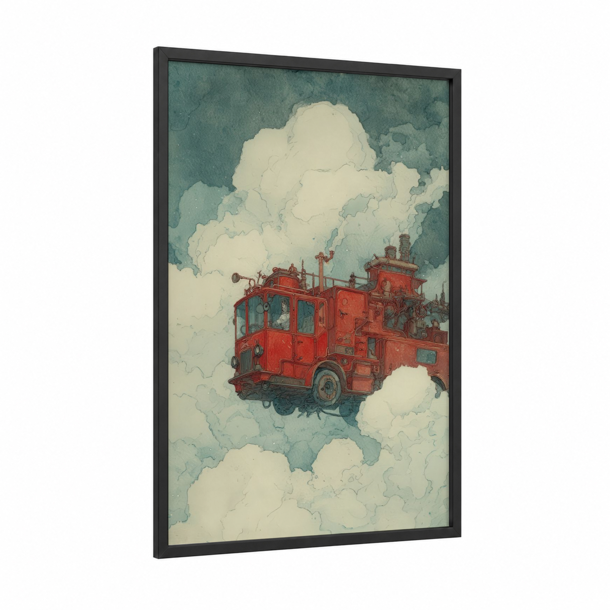 Crimson Sky Engine framed fire engine print — black wood frame — red and teal palette