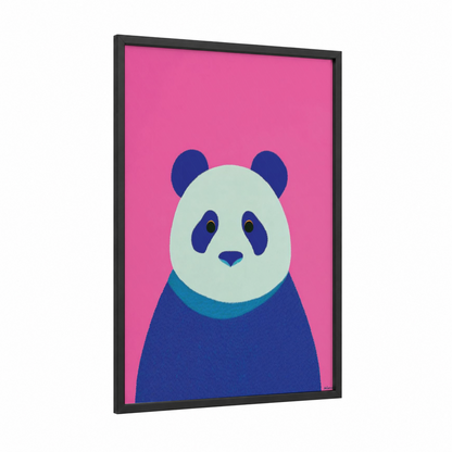 Serene Panda framed art print — black wood frame — magenta and light green palette