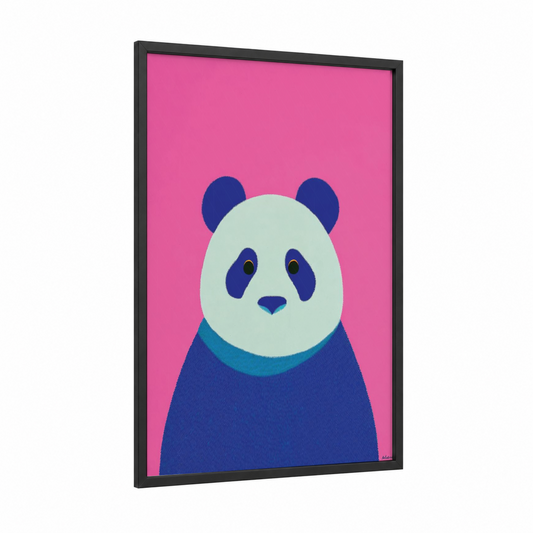 Serene Panda framed art print — black wood frame — magenta and light green palette