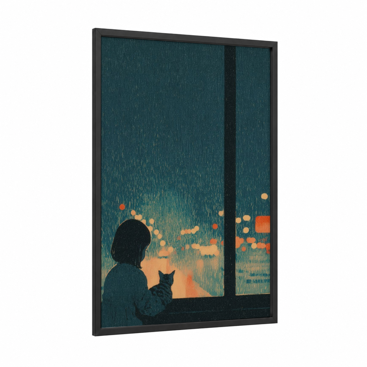 Rainy Window Dreams framed kids animals print — black wood frame — teal and orange palette
