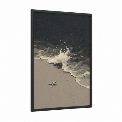 Seaside Starfish framed art print — black wood frame — beige and gray palette