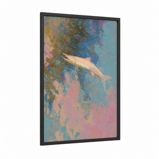 Golden Tarpon framed art print — black wood frame — blue and gold palette
