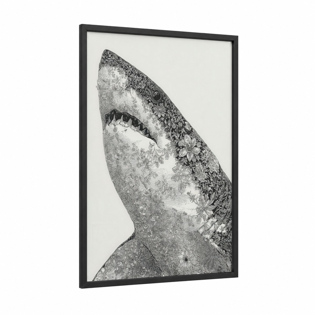 Floral Bull Shark framed art print — black wood frame — black and white palette