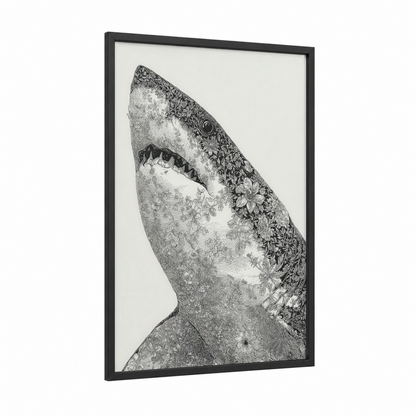 Floral Bull Shark framed art print — black wood frame — black and white palette