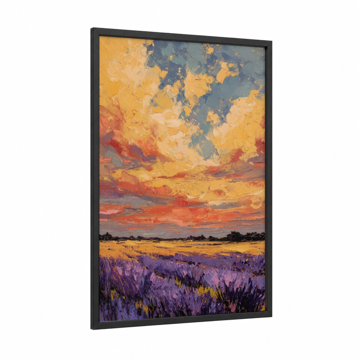 Lavender Dawn Sky framed morning sky print — black wood frame — gold and purple palette