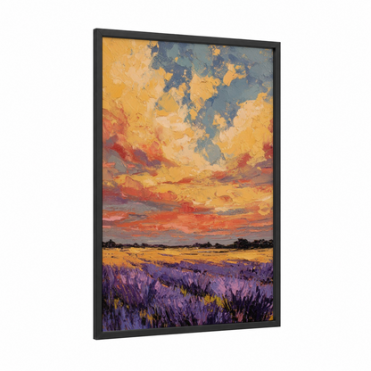 Lavender Dawn Sky framed morning sky print — black wood frame — gold and purple palette