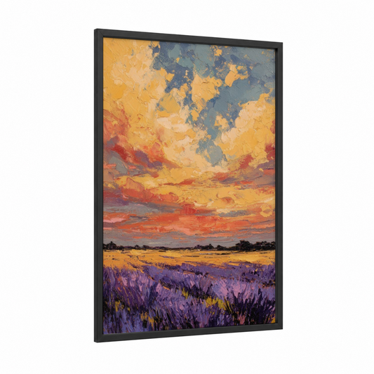 Lavender Dawn Sky framed morning sky print — black wood frame — gold and purple palette