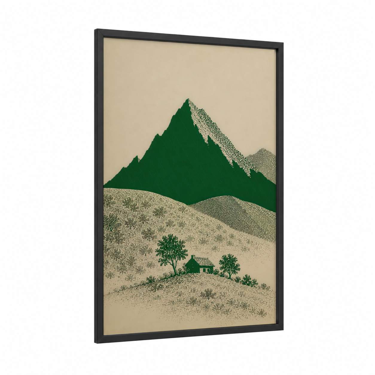 Mountain Cottage Landscape Wall Art framed art print — black wood frame — true green and beige palette