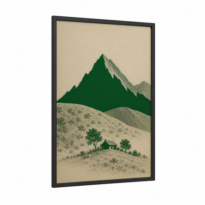 Mountain Cottage Landscape Wall Art framed art print — black wood frame — true green and beige palette