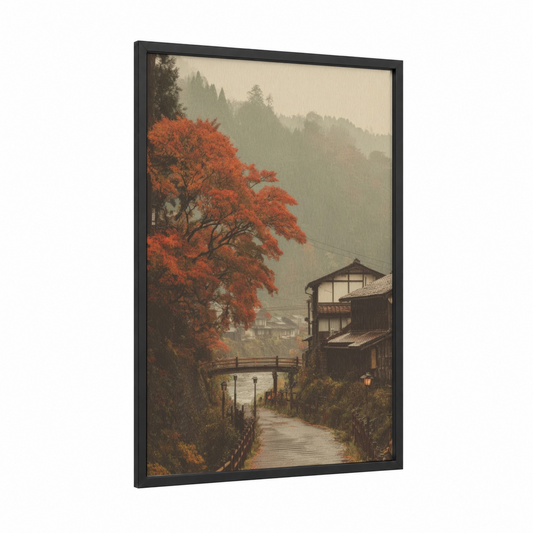 Autumn Village Bridge framed art print — black wood frame — russet and cream palette