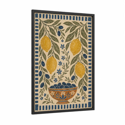 Mediterranean Lemon Grove Wall Art framed fruit trees print — black wood frame — yellow and blue palette
