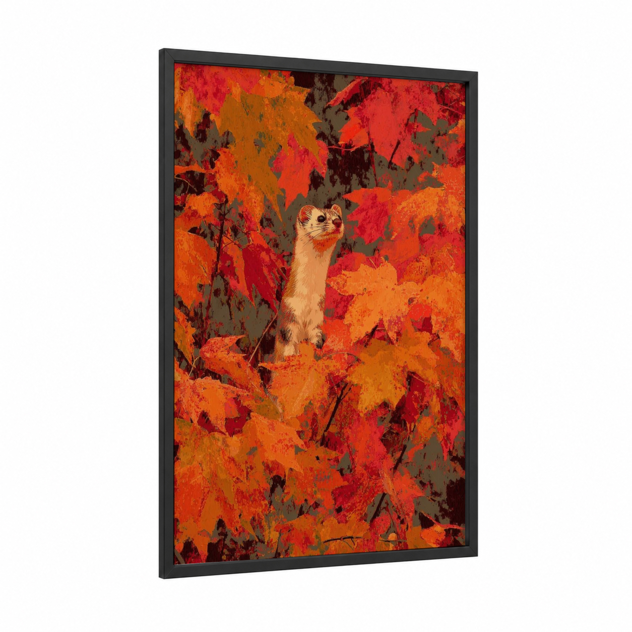 Autumn Weasel framed art print — black wood frame — red and orange palette