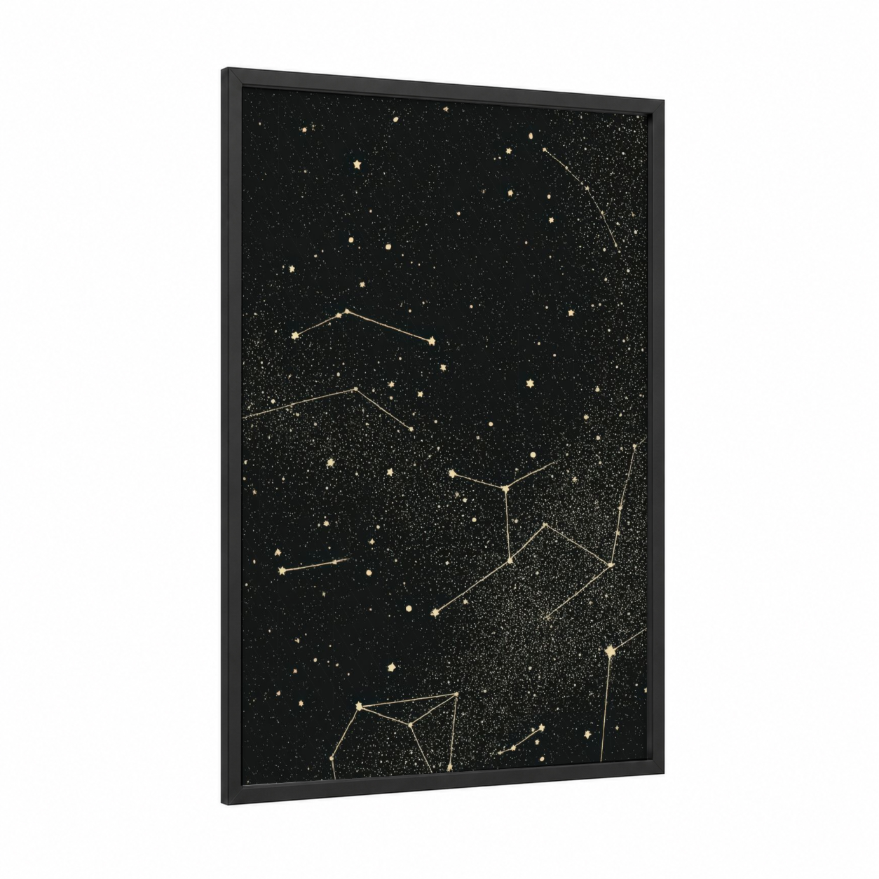 Golden Constellation Night framed space print — black wood frame — black and gold and black palette