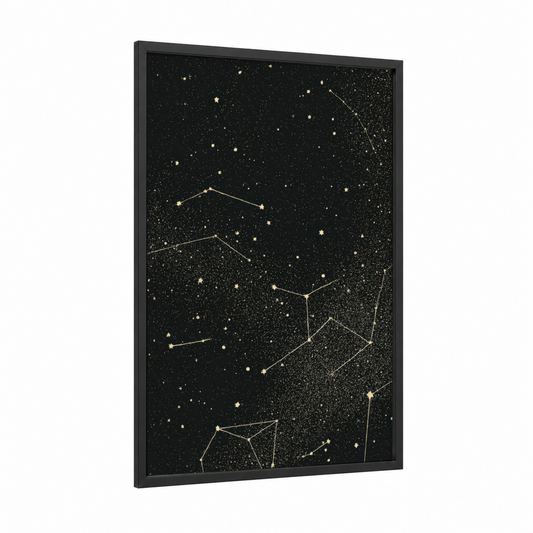 Golden Constellation Night framed space print — black wood frame — black and gold and black palette