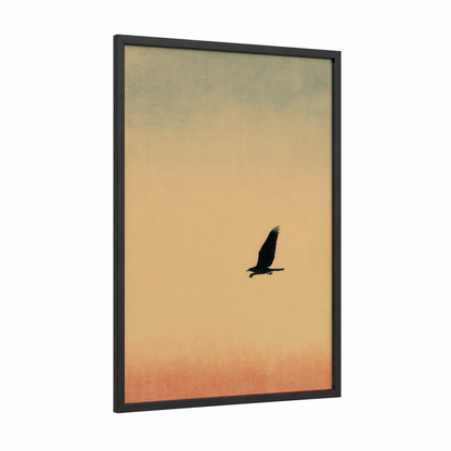 Dawn Eagle framed morning sky print — black wood frame — cream and salmon pink palette