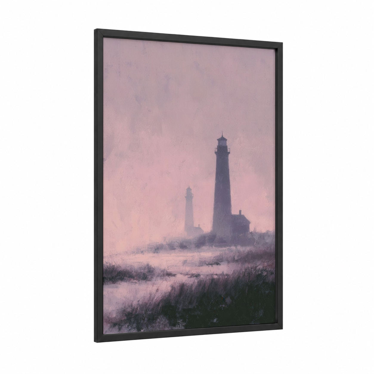 Misty Lighthouse Dawn framed art print — black wood frame — pink and lavender palette