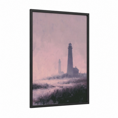 Misty Lighthouse Dawn framed art print — black wood frame — pink and lavender palette