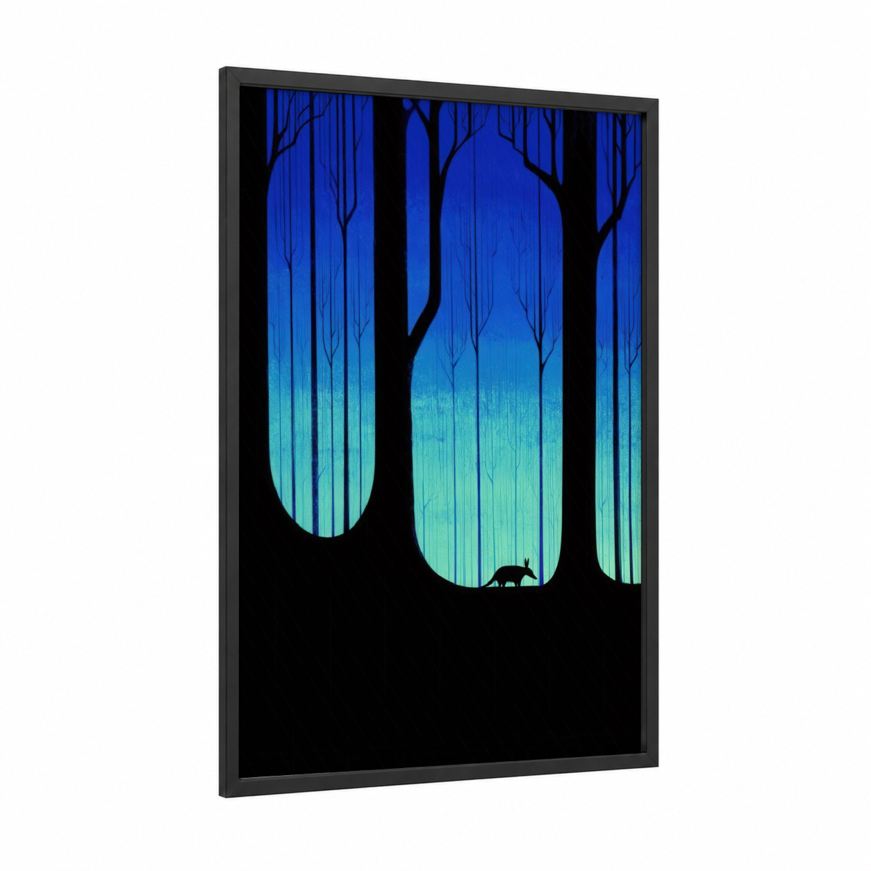 Neon Aardvark framed art print — black wood frame — blue and turquoise palette