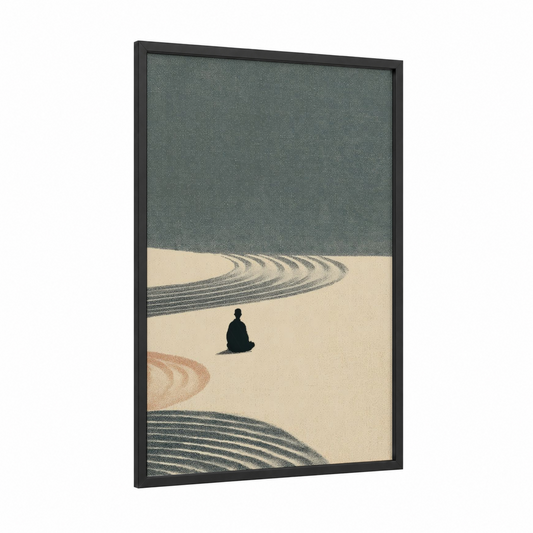 Meditative Yoga Zen framed fitness yoga print — black wood frame — teal and beige palette