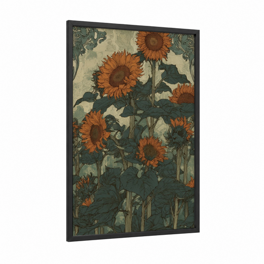 Vintage Sunflower framed art print — black wood frame — pumpkin and dark green palette