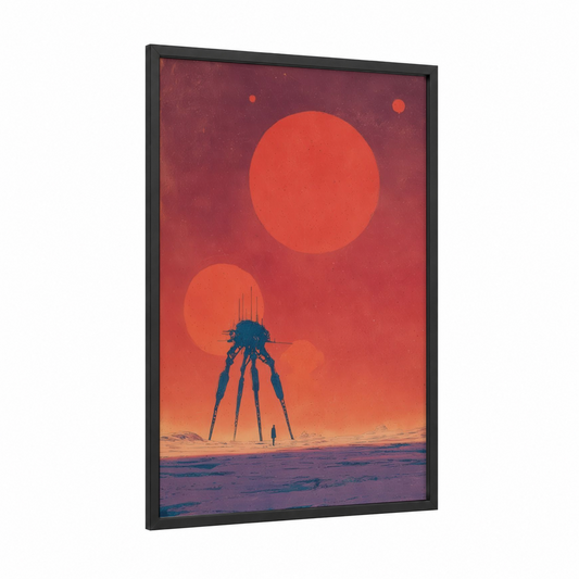 Crimson Visitor framed extraterrestrial print — black wood frame — red and dark blue palette