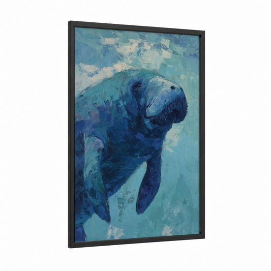 Serene Manatee framed manatees print — black wood frame — blue and teal palette