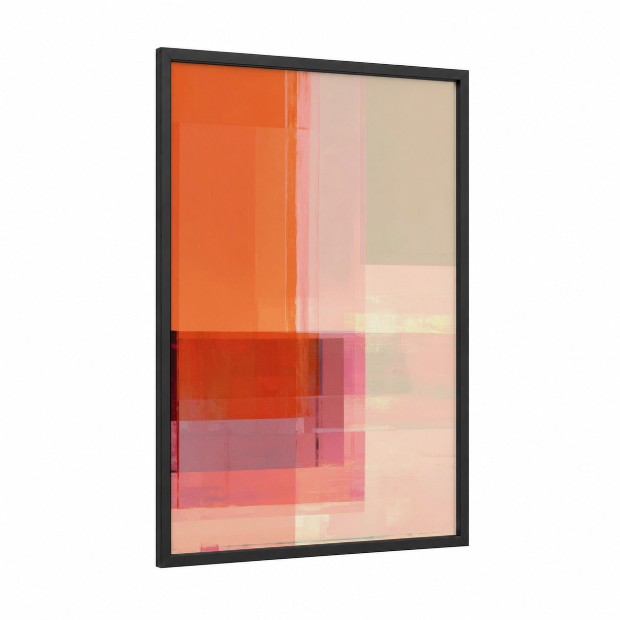 Warm Gradient Layers framed abstract expressionism print — black wood frame — orange and pink palette