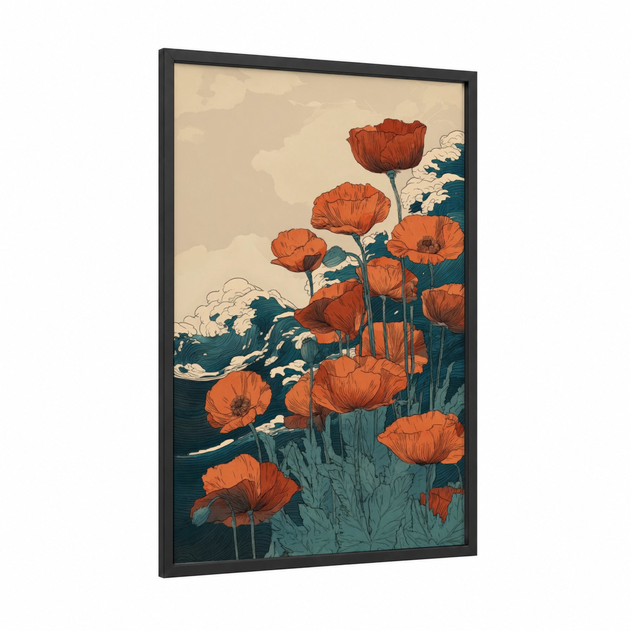 Coastal Poppies framed art print — black wood frame — orange and teal palette