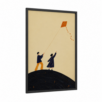 Couple Flying Kite Wall Art framed art print — black wood frame — beige and orange palette