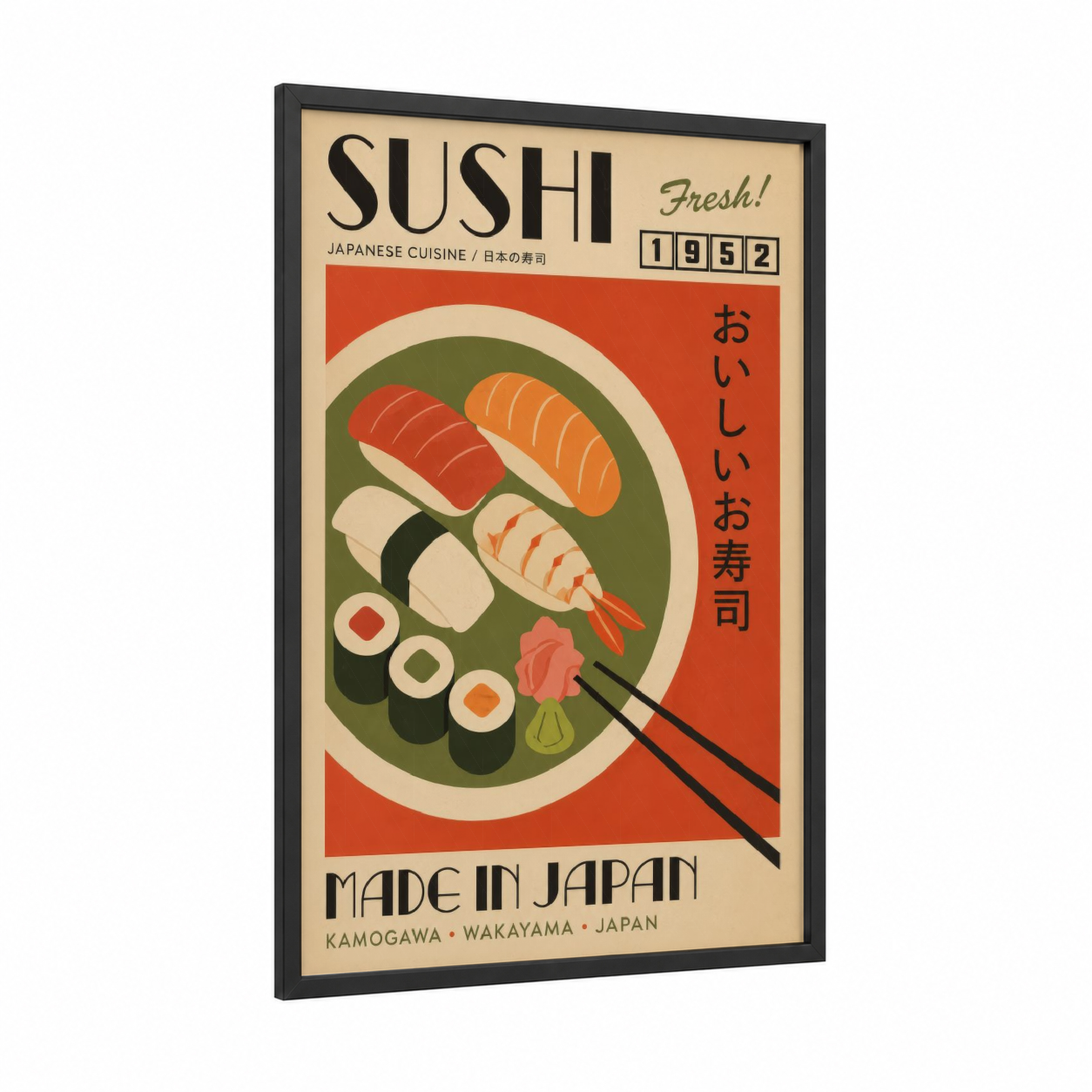 Vintage Japanese Sushi Plate Wall Art framed seafood print — black wood frame — red and beige palette