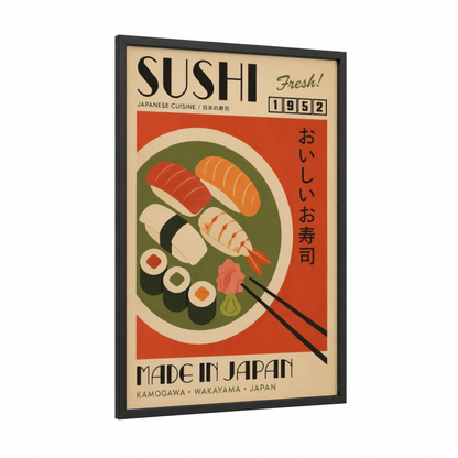 Vintage Japanese Sushi Plate Wall Art framed seafood print — black wood frame — red and beige palette