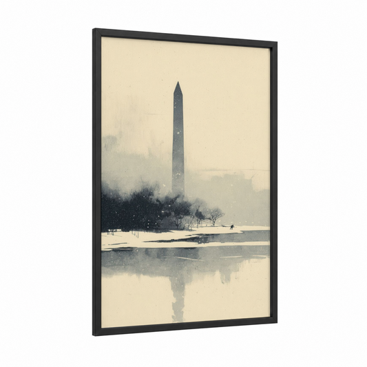 Snowy Monument framed washington monument print — black wood frame — cream and gray and white palette